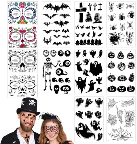 8 pcs Temporäre Tattoos, Halloween Spinnen Gespenst Fledermaus Tattoo,Realistic & Last Long Cosplay Aufkleber für Halloween Horror Night Maskerade Cosplay Thema Party Karneval Fasching Accessoires