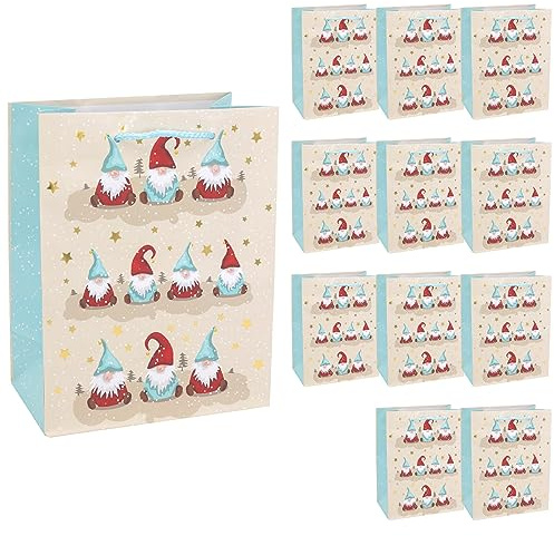Idena 30338-12 - Geschenktüten Wichtel, 12 Stück, 18 x 23 x 10 cm, Papiertüten, Geschenktaschen, Weihnachtstüten