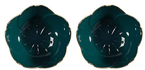 TOVINANNA Lot De 2 Bols à Condiments Fleuris En Porcelaine 7 Cm, Assiettes à Sauce Forme Fleur De Cerisier, Décor Vert Émeraude, Céramique Résistante, Pour Apéritif Cuisine Raffinée