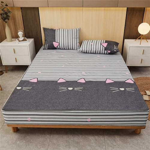 Morbuy Coprimaterasso Impermeabile Matrimoniale Traspirante con Cerniera Microfibra Extra-Morbida e Biestensibile Coprimaterasso (150x200x25cm,Gatto)