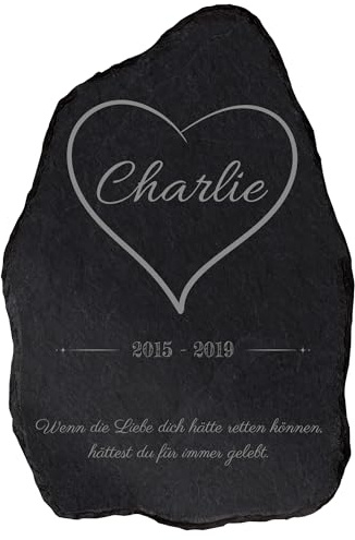 mtb more energy Schiefertafel Gedenktafel mit Gravur für Haustiere ''Dein Name im Herzen'' - personalisierbar - 24x15 cm - imprägnierte Grabplatte aus Natur Schiefer mit Trauerspruch