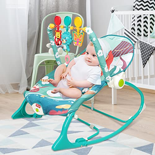 Baby Wippe mit Beruhigenden Vibrationen, Babyschaukel Elektrisch mit Liegefunktion, Verstellbare Rückenlehne, Babywiege mit Kuscheltierbügel und Spieluhr (Blau)