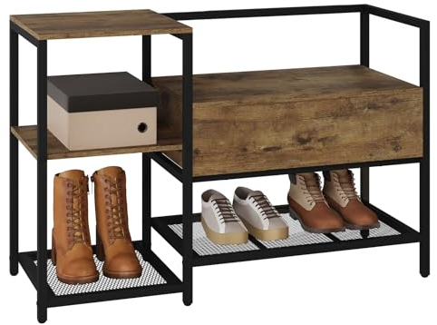 WOLTU Schuhregal mit Sitzfläche, Schuhschrank mit Sitzbank Klappdeckel, Schuhbank für Flur Eingang Wohnzimmer, aus Metall MDF, Schwarz + Vintagebraun, 100x66x37cm (BxHxT)