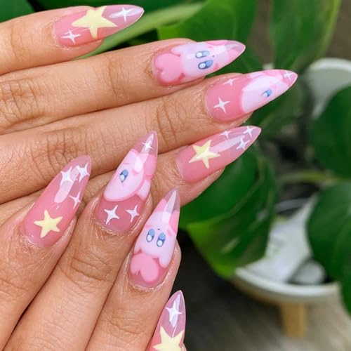 24 Pezzi Unghie Finte Mandorla Lunghe French Rosa Premere Sulle Unghie Acrilico Artificiali Attaccare Sulle Unghie Naturali Ballerina Ovali Unghie Finte con Stelle Carine Disegno per Donne Ragazze