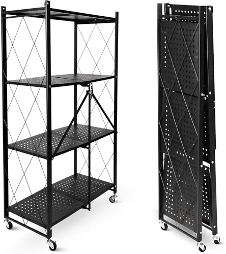 holz4home deluxe4home® Klappbares Regal mit Rollen Schwarz I 4 Fächer/Böden Rollbares Faltregal als Kellerregal Abstellraum I Rollregal Ordnungssystem einfach verstaubar