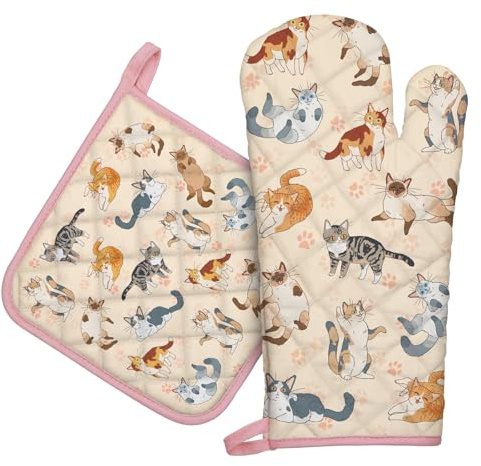 Arquiel Gants De Four & Maniques Lot De 2, 100% Coton Maniques Cuisine Gant Four Anti Chaleur Extra-Longue pour Barbecue, Cuisine, Griller, Micro-Ondes(Chat de Dessin animé)