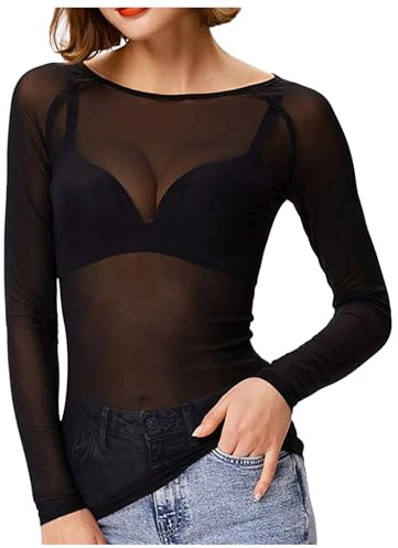 Top transparente de malla para mujer, parte superior de malla transparente, camiseta de fiesta, negro, manga larga, camiseta de malla de pescado, camiseta de manga larga, corte ajustado, blusa sexy,