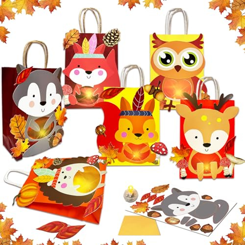 BARVERE Laternen Bastelset für Kinder, 6 Laternen mit LED, Papierlaternen Bastelset - Fuchs, Igel, Eule, Eichhörnchen, Elch, Waschbär, Herbst Laternen zum Selber Basteln für Deko, St Martin - A