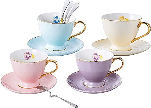 XFANAOOU Bicchieri in Vetro, tazzine da caffè in Stile Euro e piattino, Set di 4 Tazze da tè in Porcellana Bone China for la Cucina Domestica, Tea Party (4 Colori Assortiti/Set) (180 ml)