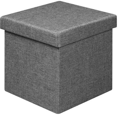Klihome Sitzhocker mit Stauraum, Kleine Faltbare Sitztruhe, Sitzwürfel aus Leinen, 30x30x30 cm, Aufbewahrungsbox mit abnehmbarem Deckel, gepolsterter Hocker als Fußablage, Dunkelgrau