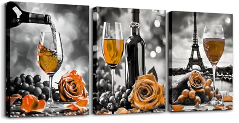 Tela artistica da parete con calici da vino per soggiorno, con cornice rosa arancione, decorazione da parete per cucina, fiori romantici Parigi Torre Eiffel, quadri artistici su tela, nero, bianco e