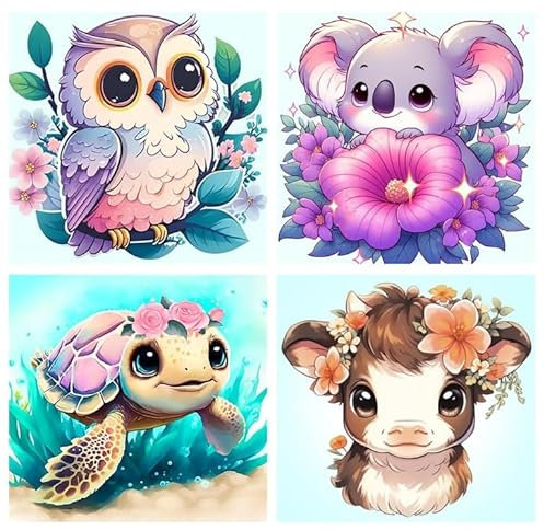 4er Malen nach Zahlen Tiere Kits für Kinder ohne Rahmen, Einfaches Niedliche Tier-Malsets für Kinder ab 4-8-12 Jahren und Anfänger,(20x20cm) (Süße Tiere)