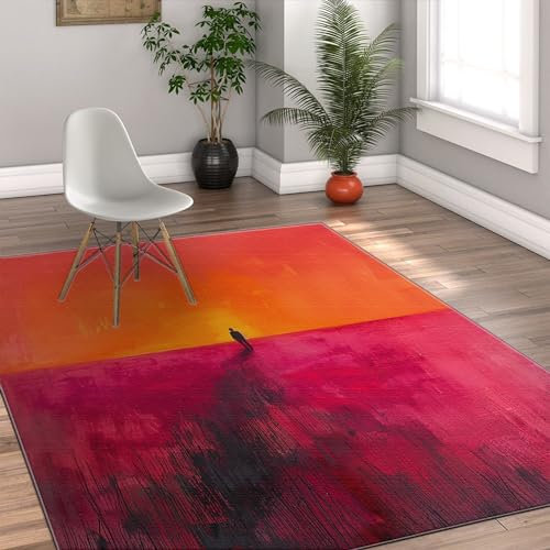 HOBBOY Aquarell Kunst Bereich Teppich Farbfeldmalerei Große Teppiche für Schlafzimmer Wohnzimmer Öl Landschaft Teppich Rot & Orange Bodenmatte 160 x 200 cm