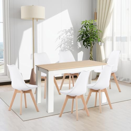 FURNITABLE Esstisch mit 6 Stühlen Esszimmergruppe, 6er Set Esszimmerstühle und 120CM Rechteckig Holztisch Essgruppe für Wohnzimmer Küche Büro (Eiche-Weiß Tischbein Tisch+6 Weiß Stühle)