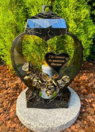 Grablampe Grablicht Grabdeko Grabschmuck Kerze mit Herz, Text Für immer in unseren Herzen, Farbe Schwarz- Gold, 33 cm Höhe inkl. LED Kerze ohne Sockel