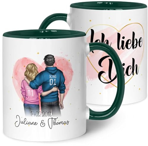GRAVURZEILE Bedruckte Tasse mit Konfiguration - Paarmotiv zum selbst gestalten - Personalisierbares Geschenk für Paare & Partner - Geschenke für Sie & Ihn zum Valentinstag - Farbe: Dunkelgrün