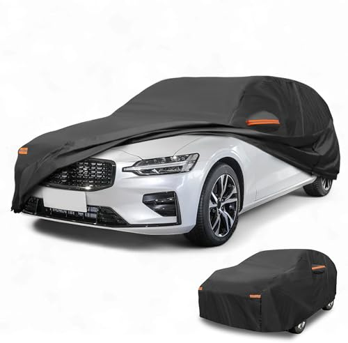 Partuto Housse De Voiture Étanche Toutes Saisons pour Automobile en Extérieur Protection Anti-UV Soleil Pluie Complète pour Volvo V60 Hatchback 190T-Pu Noir avec Bandes Réfléchissantes