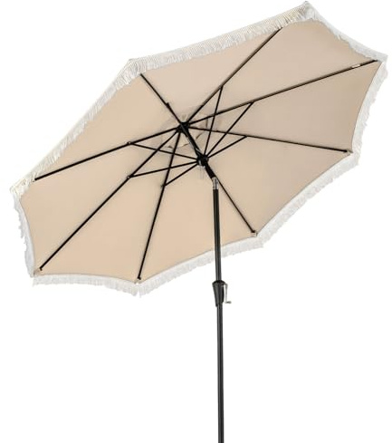 COSTWAY 9FT Garden Parasols with Fringe, Sun Protection Sunshade Shelter with Push Button Tilt, Crank, 8 Ribs and Vented Top, Outdoor Waterproof Tassel Umbrella for Garden Lawn Poolside (Beige)