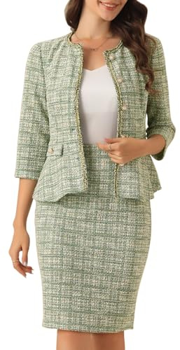 Allegra K Conjunto de 2 Piezas para Mujer de Tweed Chaqueta de Manga 3/4 de Negocios con Botones y Falda Lápiz Verde M