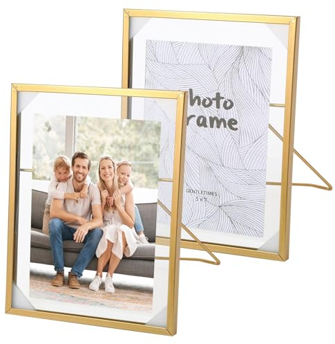 WANDGU 2 Stück 20×15cm Bilderrahmen Gold: Bilderrahmen Stehend Glas, Retro Gold Glasbilderrahmen, Glas Metall Fotorahmen, Bild Display Halter, Gepresste Blumenrahmen für Desk Decor, DIY Bilder