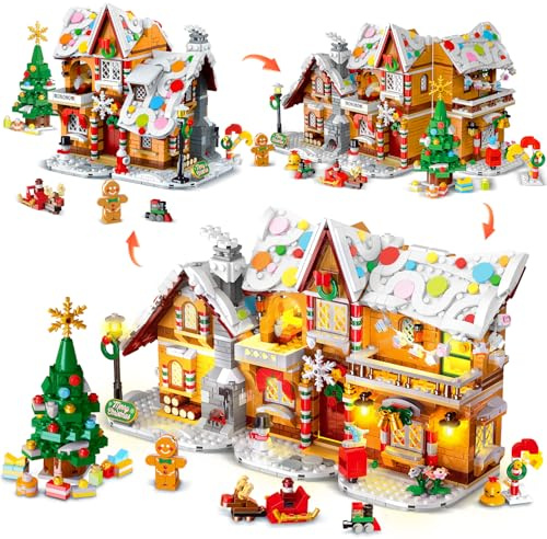 Set de construction Maison en pain d’épice Noël 2025 avec lumière – 1421 pièces – Château et village de Noël avec Père Noël, sapin et train – Jouet de construction pour enfants et adultes dès 8 ans