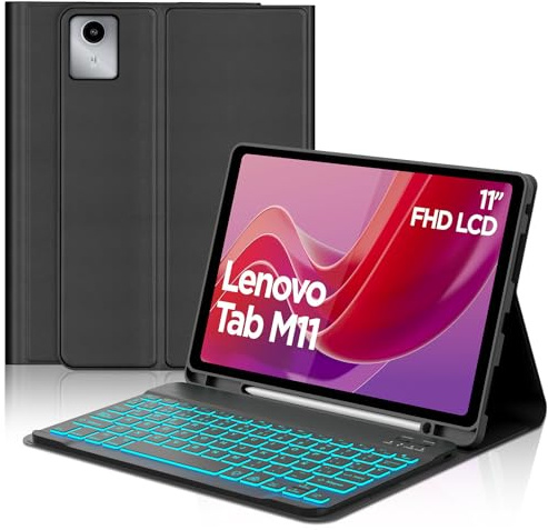 Funda con Retroiluminado Teclado para Lenovo Tab M11 11 2024, Negro | Teclado Bluetooth Retroiluminado Desmontable con Funda Delgada y Ranura para Bolígrafo para Tablet Lenovo M11 TB330FU/TB330XU