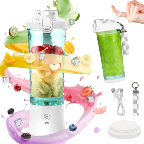 Idota Mixeur portable 600 ml Smoothie Maker à emporter, centrifugeuse portable avec 6 lames et rechargeable par USB, pour la salle de gym, le bureau et les voyages (blanc)