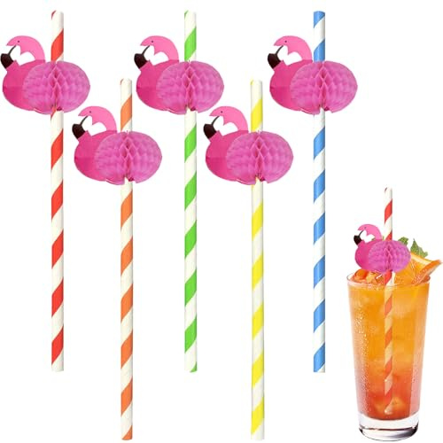 CHIHOLEN 50 Stück Cocktail Strohhalme, 3D Flamingo Deko Papier Strohhalme, Biologisch Abaubare für kalte Getränke, Hawaii Party Deko für Sommerparty, Cocktailparty