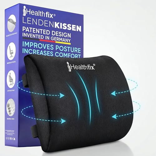 Healthfix® Ergonomisches Lendenkissen – Entwickelt mit Experten in Deutschland – Verbessert Haltung & lindert Rückenschmerzen – Lordosenstütze für Bürostuhl (Fest (90-135 KG))