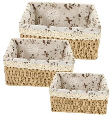 Ciieeo Paniers de Rangement Multi-fonctionnels Ensemble de 3 Rustiques Tissés la Main en Corde de Papier Beige avec Doublure en Lin, pour Salle de Loisirs et Entrée