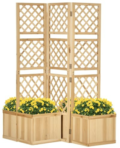 Outsunny Hochbeet mit klappbarem Spalier Paravent 133 x 165 cm Tannenholz | Raumtrenner mit Sichtschutz, 4 Blumenkästen, für Balkon, Natur