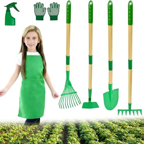 Huucozn Set di Attrezzi da Giardino per Bambi-ni 7 Pezzi Attrezzi da Giardinaggio con Pala Zappa Rastrello Rastrello per Foglie Guanti Grembiule e Annaffiatoio Giocattoli Attrezzi Giardinaggio, Verde