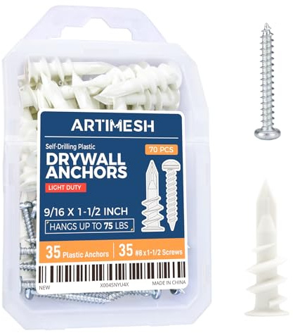 ARTIMESH 8# 70PCs Self Drilling Drywall Anchors Kit - 75LBs Heavy Duty Plastic Drywall Hangers with 35 Self-Tapping Screws - Mounting Hardware for Sheetrock Anchors