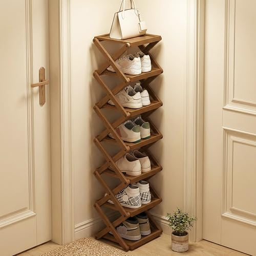 Simcat Bambus-Schuhregal Faltbar, Schmales Hohes Regal, 7-Lagig | Faltbar, Ohne Montage, Vertikale Lagerung, Für Flur, Schlafzimmer, Garderobe