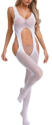 NewBull Women Sexy Bodystocking Suspenders Sheer Lingerie Garter Cutout Bodysuit Scoop Neck One Piece Hollow-Out Tights (White, One Size)
