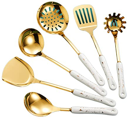 Lot de 4/6 ustensiles de cuisine avec plaque électroplate dorée de qualité alimentaire en acier inoxydable avec poignée en céramique
