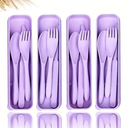 Travel Utensils Set - Reusable 4 Sets Plastic Cutlery with Case (4 Purple) | Forks Spoons and Knives Set , Eco-Friendly BPA Free ,Portable Camping Cutlery Set for Office Lunch School Picnic or Daily Use