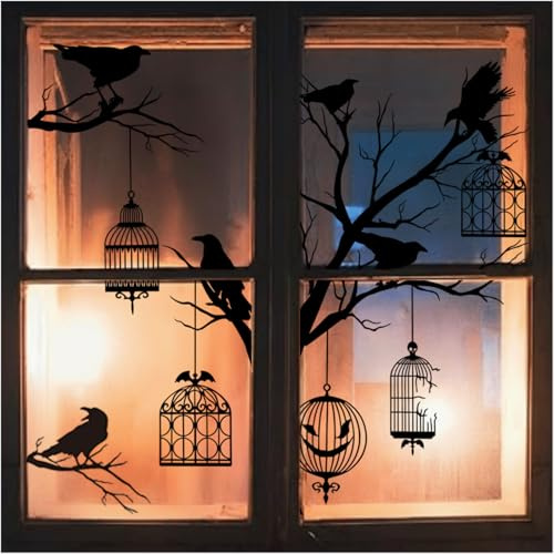 Halloween-Fönster-Fågel-Klistermärken – Gotiska-Kråk-Klistermärken för Glas, Skrämmande Flygande-Korp-Silhuetter, Fönsterbilder för Fest, Spökhus och Semesterdekorationer