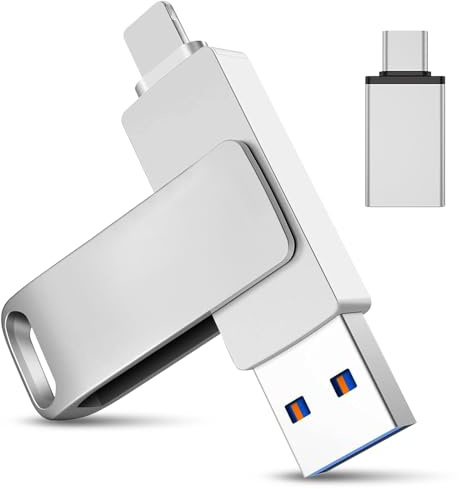 USB Stick 256GB für iPhone, 3-in-1 Speicherstick mit USB C, USB 3.0 & L, OTG Photo Stick für iPhone/iPad/Android/PC/Mac, Externer Speicher zum Fotos & Videos Sichern, Silber (256GB)