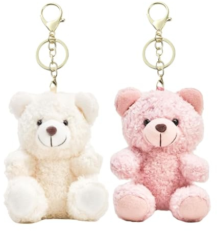 Auroriel 2 Pièces Porte-Clés Ours en Peluche Rose/Blanc – Doux pour Sac, Sac à Dos, Voiture, Cadeau, Fille, Adolescent, Saint-Valentin, Anniversaire, Rentrée Scolaire