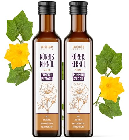Huile de Graines de Courge Monte Nativo (2x500ml) – Huile de Courge Pressée à Froid, Vierge et Non Raffinée – Acides Gras Oméga pour le Bien-Être et le Soin de la Peau – Idéale pour la Nutrition