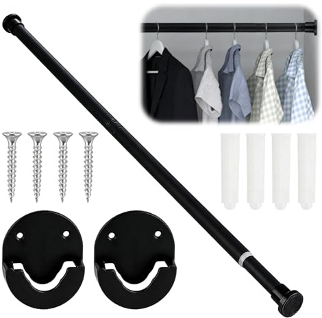 Black Extendable Wardrobe Rail, 80-105cm Stainless Steel Retractable Wardrobe Rod Adjustable Clothes Hanging Rail with Fixing Accessories for Closet Balcony and Clothing Hanging 25mm