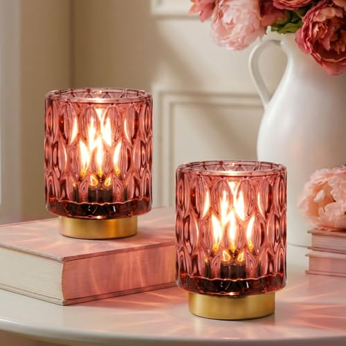 Battery Operated Table Lamps Timer, Mini Crystal Lamp for Area No Plug, Cordless Lamp with LED Bulb for Power Outage, Decorative Lamps for Tabletop/Corner/Entryway/Stairway/Bathroom/Fireplace (2 Pink)