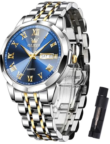 OLEVS Mens Watches Silver Stainless Steel Band Gent's Watch Blue Dial Quartz Business Dress Watch with Day Date Display Wristwatch 30M Waterproof Luxury Watches for Men