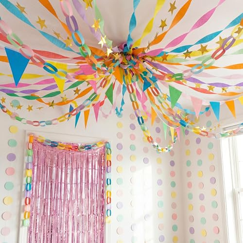 YooNotee Pastel 574 ft Crepe Streamers 300 Sheets Colorful Paper Strips Chains Garland 26 ft Gold Star Garlands 2 Pcs Tassel Backdrop for Birthday Wedding Party Decor DIY Crafts