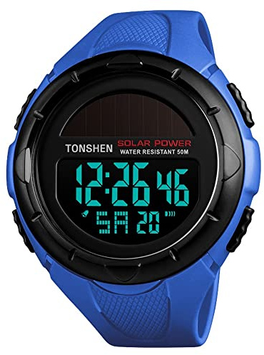 TONSHEN Herrenuhr Damenuhr 50M Wasserdicht Outdoor Solar Sport Uhren Multifunktional LED Elektronik Digitaluhr Kalender Alarm Stoppuhr Plastik Armbanduhr mit Kautschuk Band