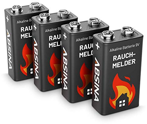 Rauchmelder Batterie 9V Block - 4er Pack Alkaline 9V Block Batterien langlebig & auslaufsicher - Blockbatterien für Feuermelder, Bewegungsmelder, Kohlenmonoxid, Warnmelder & Rauchwarnmelder ABSINA