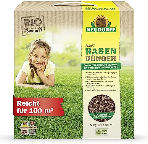 Neudorff Azet RasenDünger – Bio Rasendünger für 100 m² sorgt für eine dichte, grüne und strapazierfähige Rasenfläche mit 6 Monaten Langzeitwirkung, 5 kg