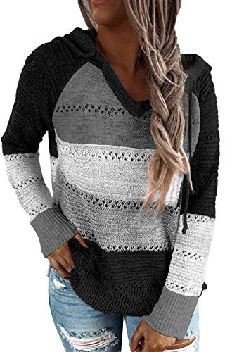 GOLDPKF Sweat a Capuche Femme Mode col v marinière Chic et Elegant léger Manche Longue Tricot Pull Hoodie Sweatshirts Noir XXL
