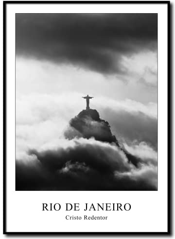 daazoo Wandbild Cristo Redentor Brasilien | gerahmtes Bild Rahmenbild | Rio de Janeiro Berg Christusstatue Religion Statue Figur | Bild schwarzweiss schwarz weiß mit Rahmen | 50 x 70 cm